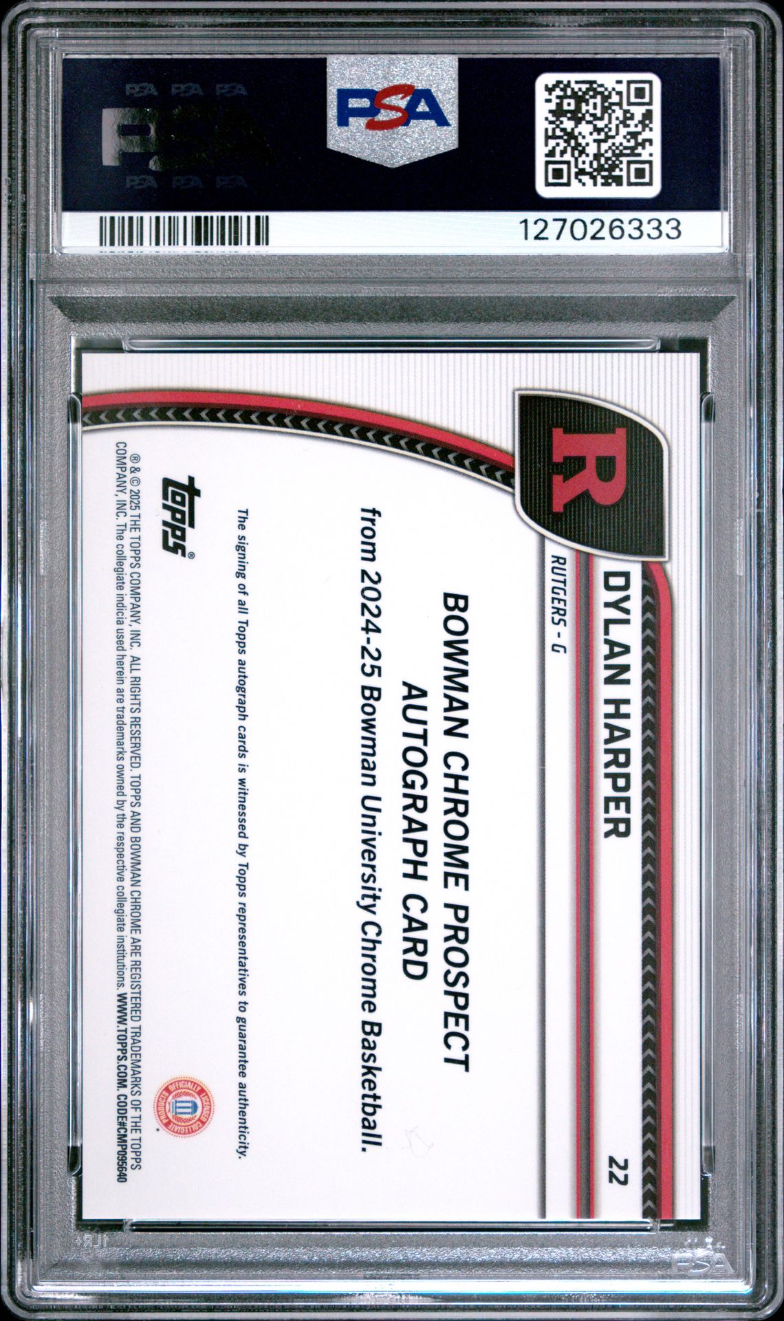 2024 Bowman Chrome University Dylan Harper #22 (Autograph-Black Wave) Gem Mt 10 back