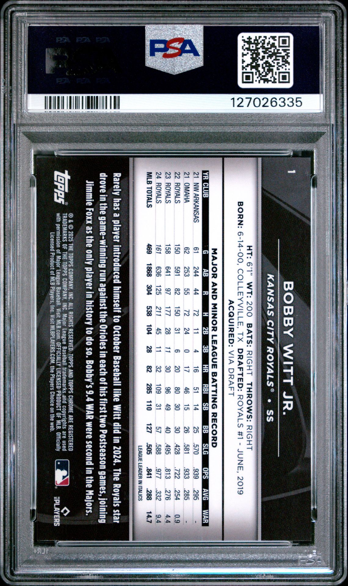 2025 Topps Chrome Black Bobby Witt Jr. #1 (Blue Refractor) Mint 9 back