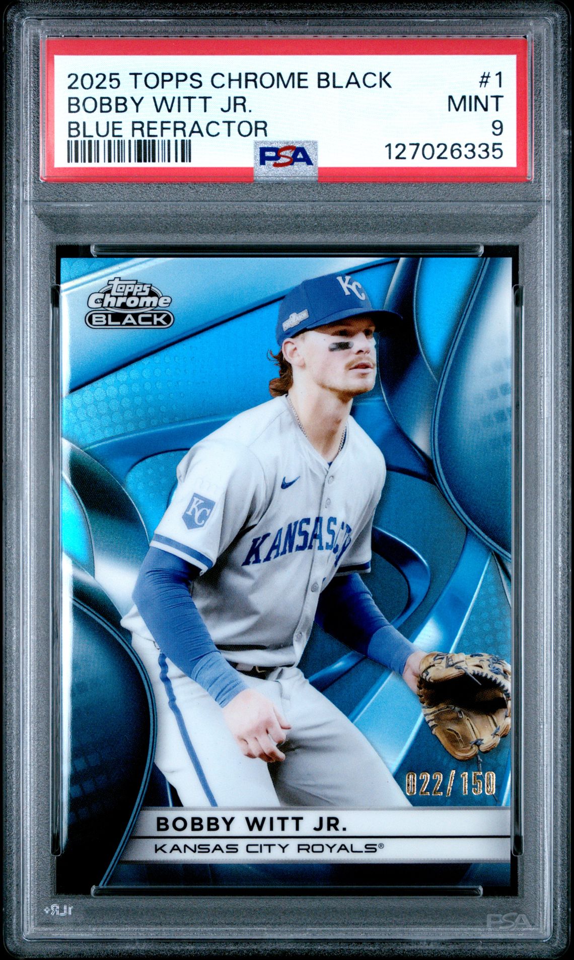 2025 Topps Chrome Black Bobby Witt Jr. #1 (Blue Refractor) Mint 9 front