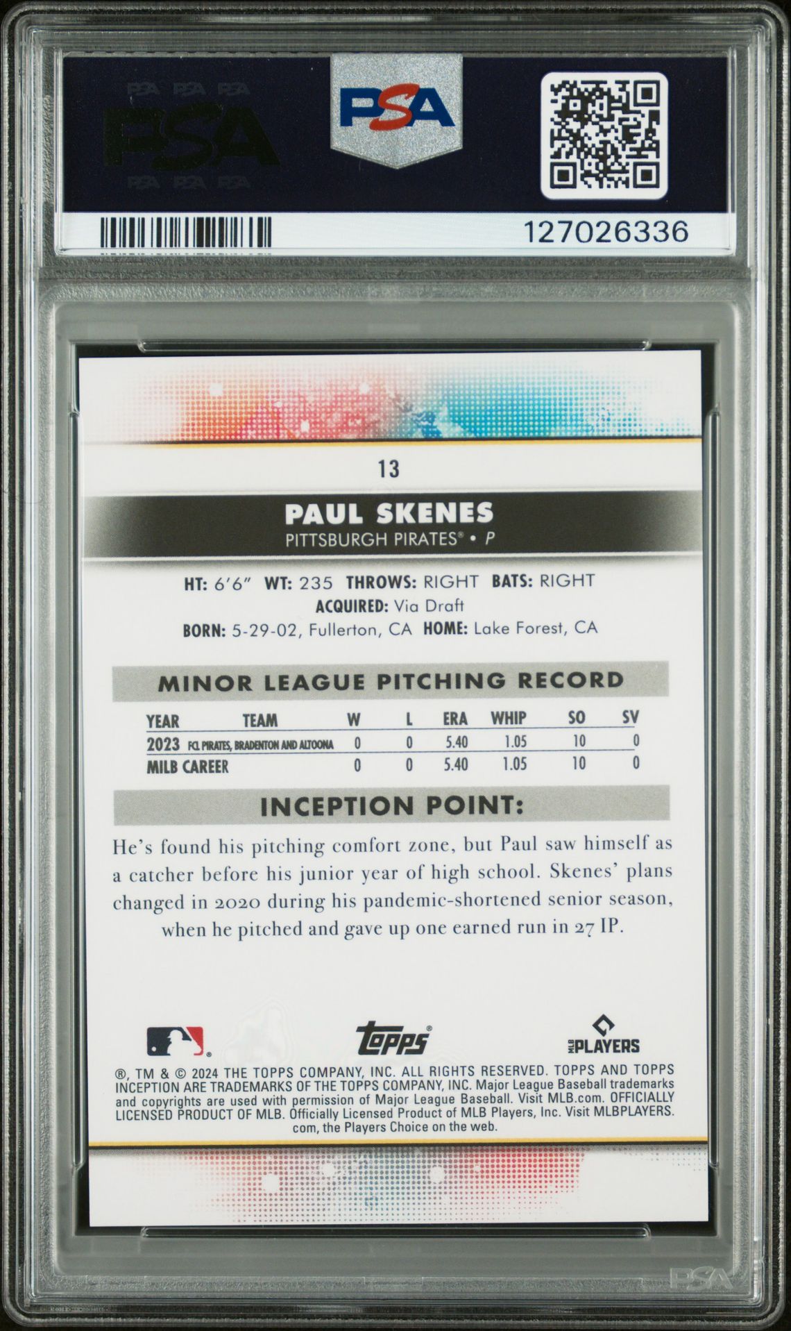 2024 Topps Inception Paul Skenes #13 (Green) Gem Mt 10 back