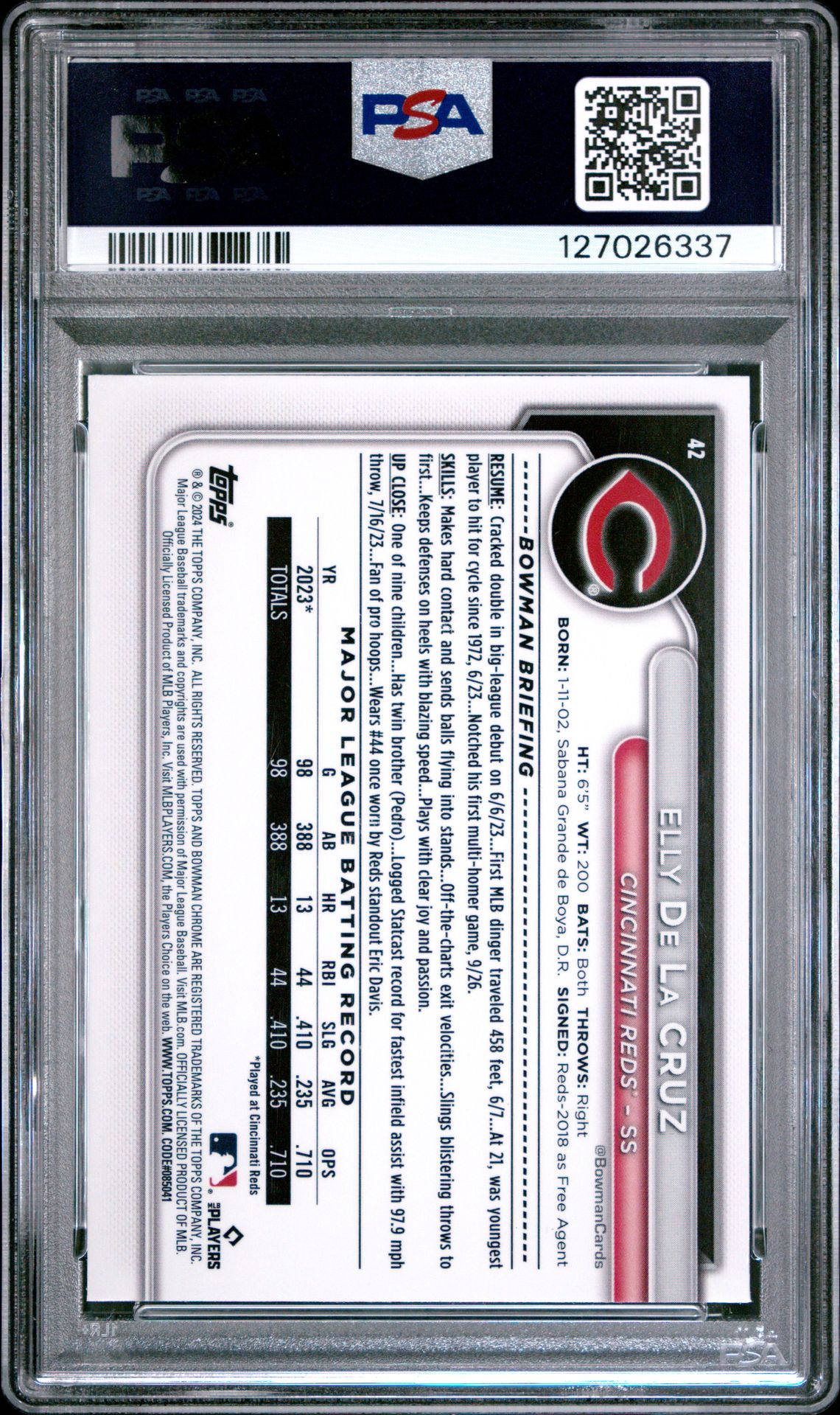 2024 Bowman Chrome Elly De La Cruz #42 (Wave Refractor) Gem Mt 10 back