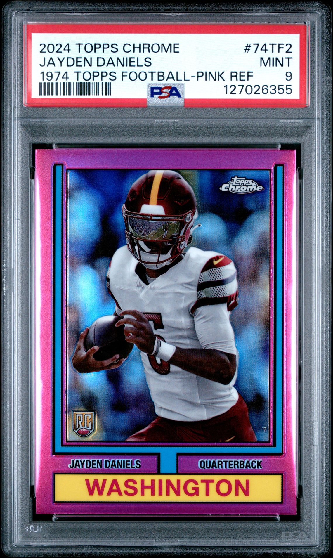 2024 Topps Chrome 1974 Topps Football Jayden Daniels #74Tf2 (1974 Topps Football-Pink Ref) Mint 9 front