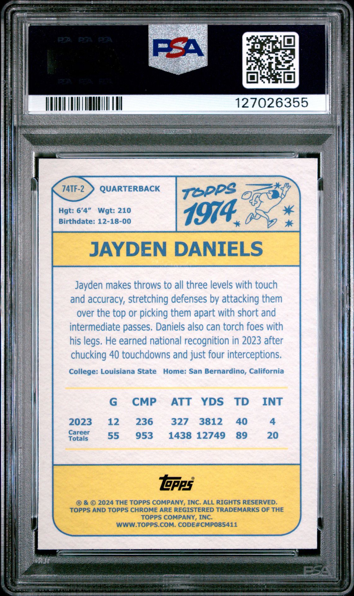 2024 Topps Chrome 1974 Topps Football Jayden Daniels #74Tf2 (1974 Topps Football-Pink Ref) Mint 9 back
