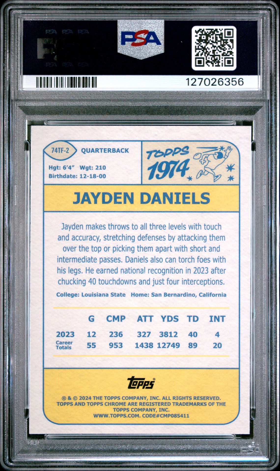 2024 Topps Chrome 1974 Topps Football Jayden Daniels #74Tf2 (1974 Topps Football-Pink Ref) Mint 9 back