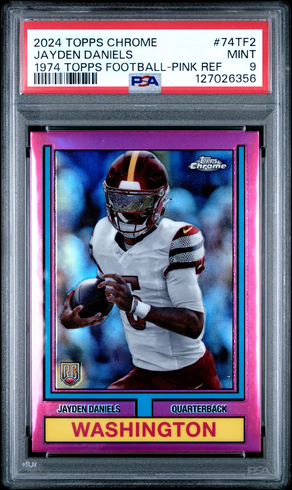 2024 Topps Chrome 1974 Topps Football Jayden Daniels #74Tf2 (1974 Topps Football-Pink Ref) Mint 9 front