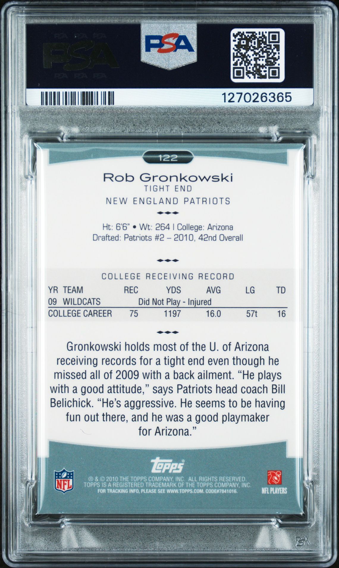 2010 Topps Platinum Rob Gronkowski #122 (Platinum Refractor) Nm-Mt 8 back