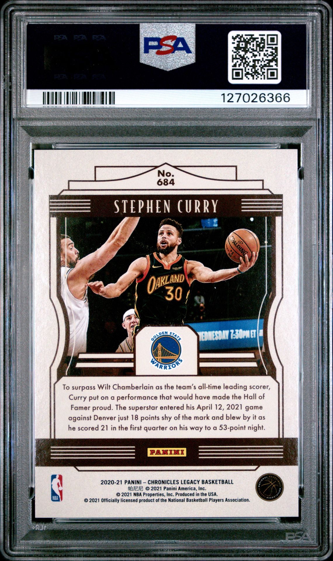 2020 Panini Chronicles Stephen Curry #684 (Purple) Mint 9 back