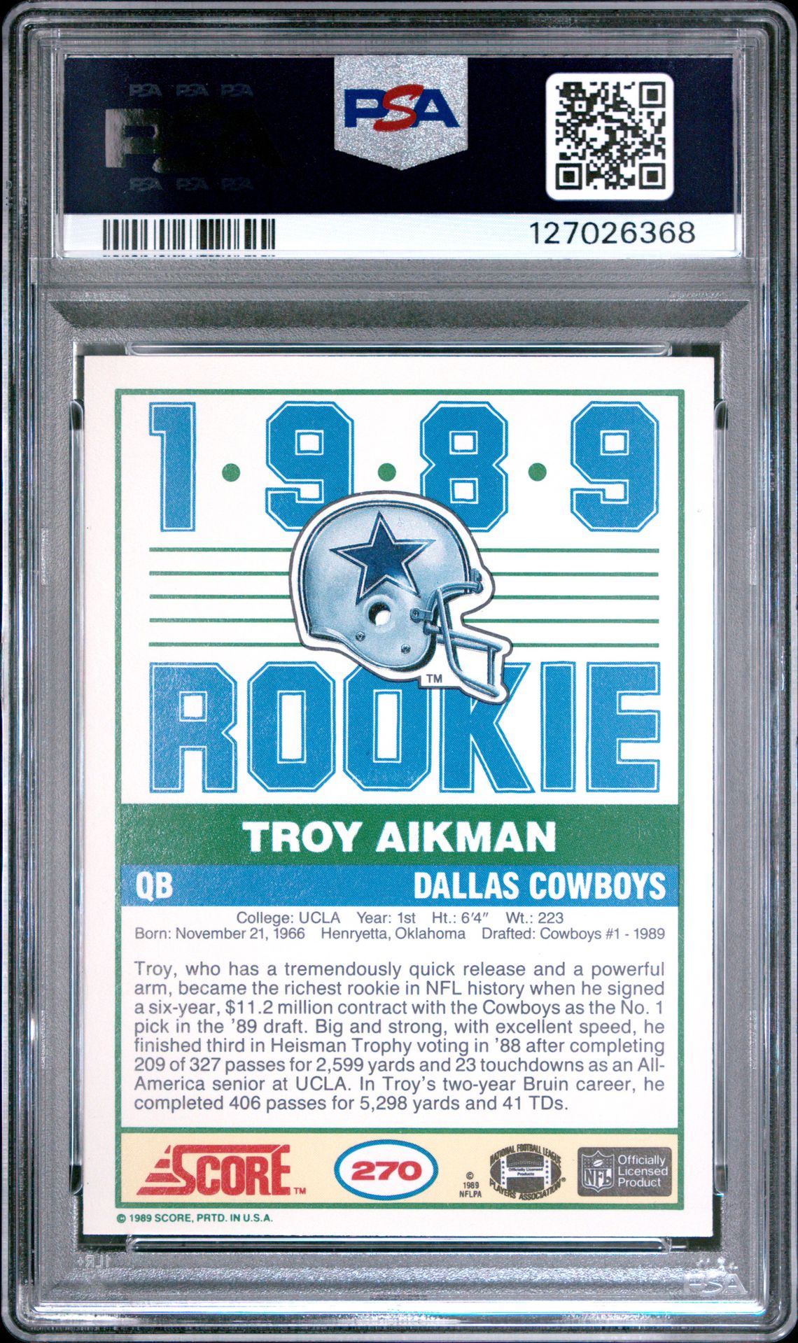 1989 Score Troy Aikman #270 Nm 7 back