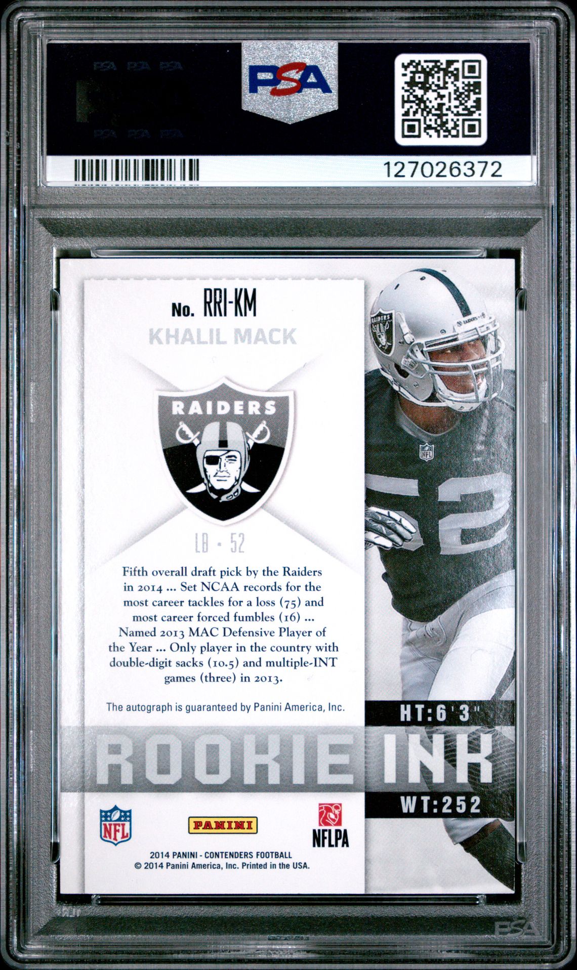 2014 Panini Contenders Rookie Ink Rookie Premiere Khalil Mack #Rrikm (Rookie Ink Rookie Premiere) Nm-Mt 8 back