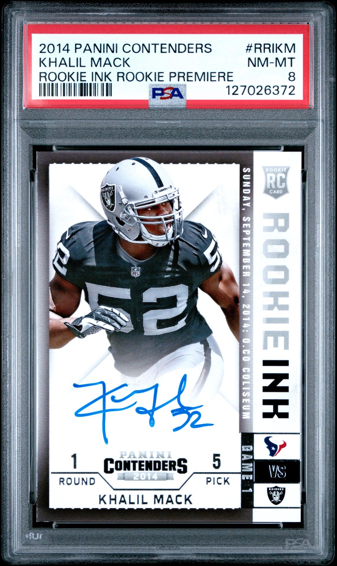 2014 Panini Contenders Rookie Ink Rookie Premiere Khalil Mack #Rrikm (Rookie Ink Rookie Premiere) Nm-Mt 8 front