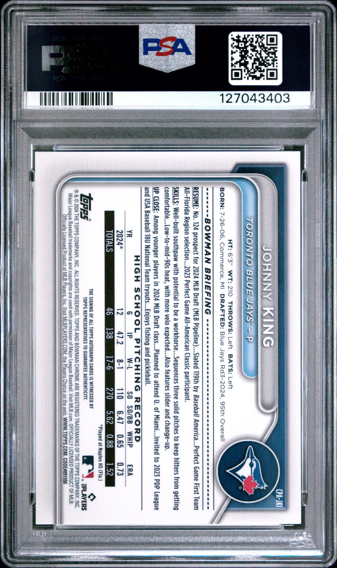 2024 Bowman Draft Chrome Prospect Autographs Johnny King #Cpajki (Chr Prospect Au-Gold Shim) Gem Mt 10 back