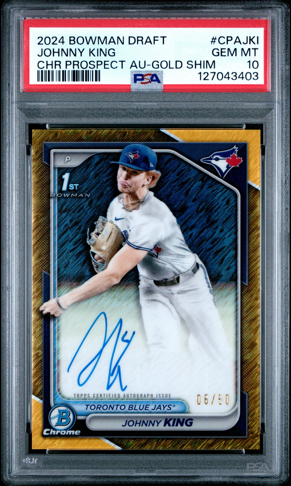 2024 Bowman Draft Chrome Prospect Autographs Johnny King #Cpajki (Chr Prospect Au-Gold Shim) Gem Mt 10 front