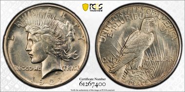 1921 $1 High Relief, Peace MS62