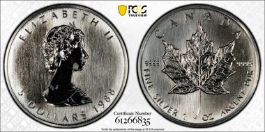 1988 $5 Maple Leaf 1oz Ag MS66