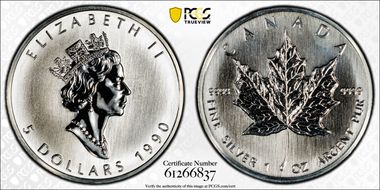 1990 $5 Maple Leaf 1oz Ag MS67