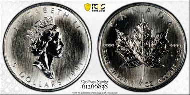 1991 $5 Maple Leaf/Ag MS67