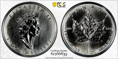 1992 $5 Maple Leaf Ag MS67