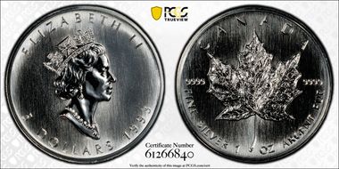 1993 $5 Maple Leaf/Ag MS67