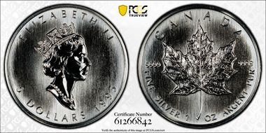 1995 $5 Maple Leaf/Ag MS66