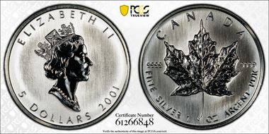 2001 $5 Maple Leaf 1oz Ag MS67
