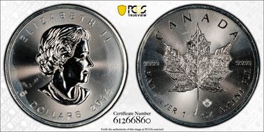 2014 $5 Maple Leaf 1oz Ag MS65
