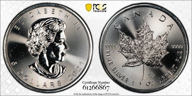 2021 $5 Maple Leaf 1oz Ag MS66