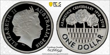 2018 $1 Armistice Centenary Ag PR70DCAM