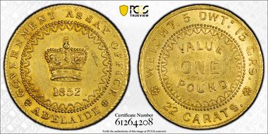 1852 £1 KM-2 Adelaide Type-2 Dentilated Obv & Rev MS63