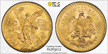 1944 50 Peso KM-481  Au MS64