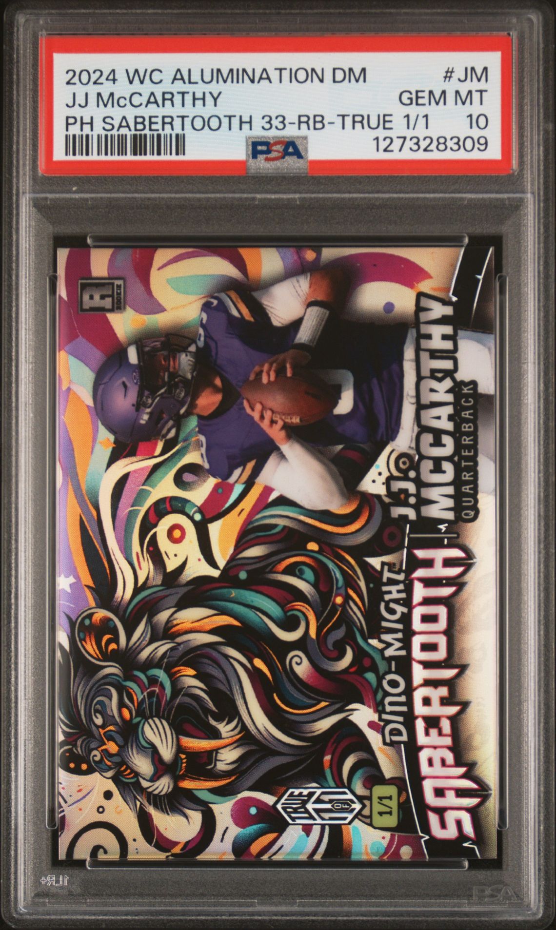 2024 Wild Card Alumination Dino-Might Pre-Historic Sabertooth True 1/1 Jj Mccarthy #Jm (Ph Sabertooth 33-Rb-True 1/1) Gem Mt 10 front