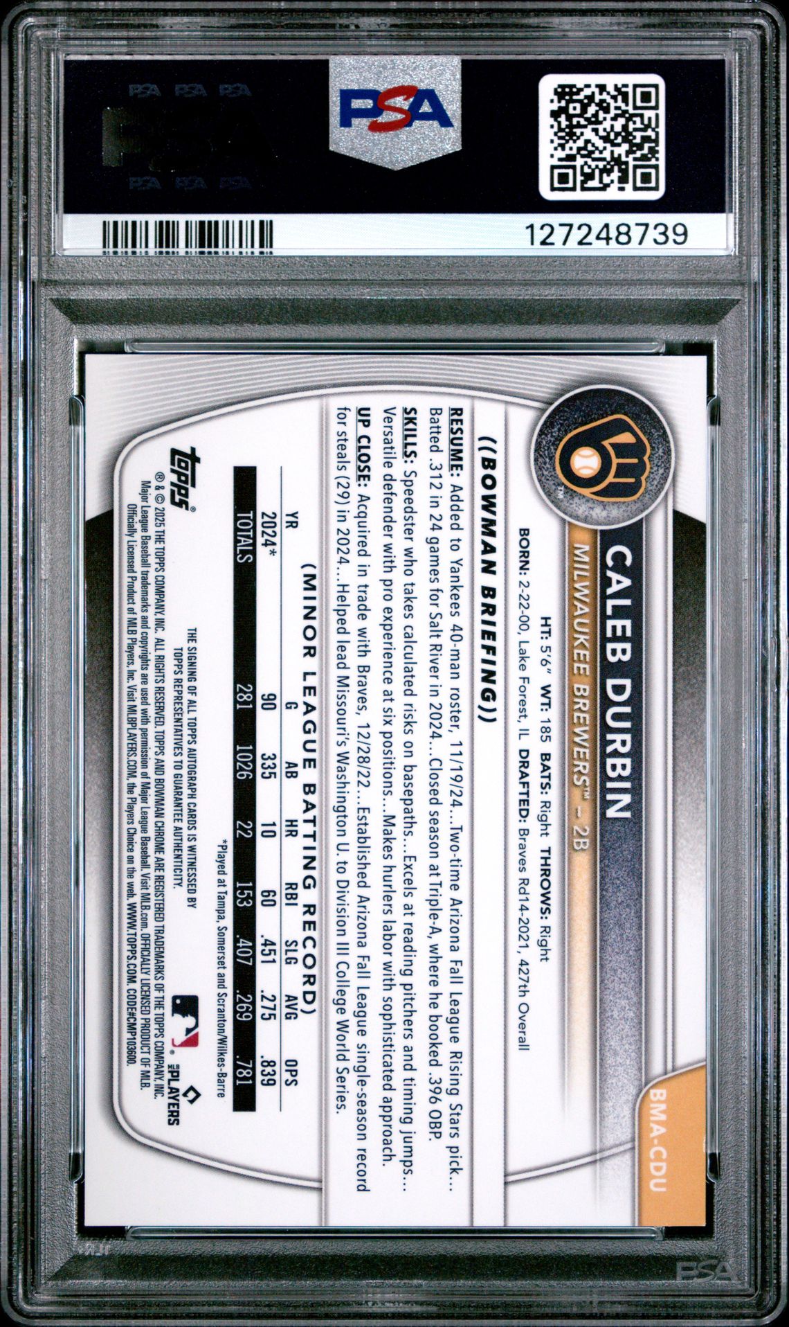 2025 Bowman Mega Box Bowman Prospect Mega Autographs Caleb Durbin #Cdu Gem Mt 10 back