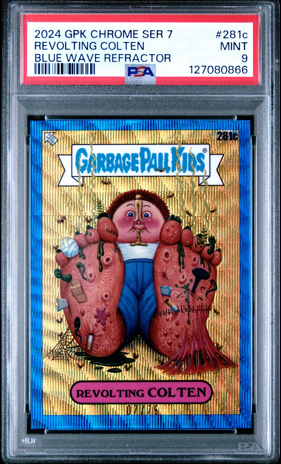 2024 Topps TOPPS CHROME GARBAGE PAIL KIDS ORIGINAL SERIES 7 BLUE WAVE REFRACTOR #281C Revolting Colten front