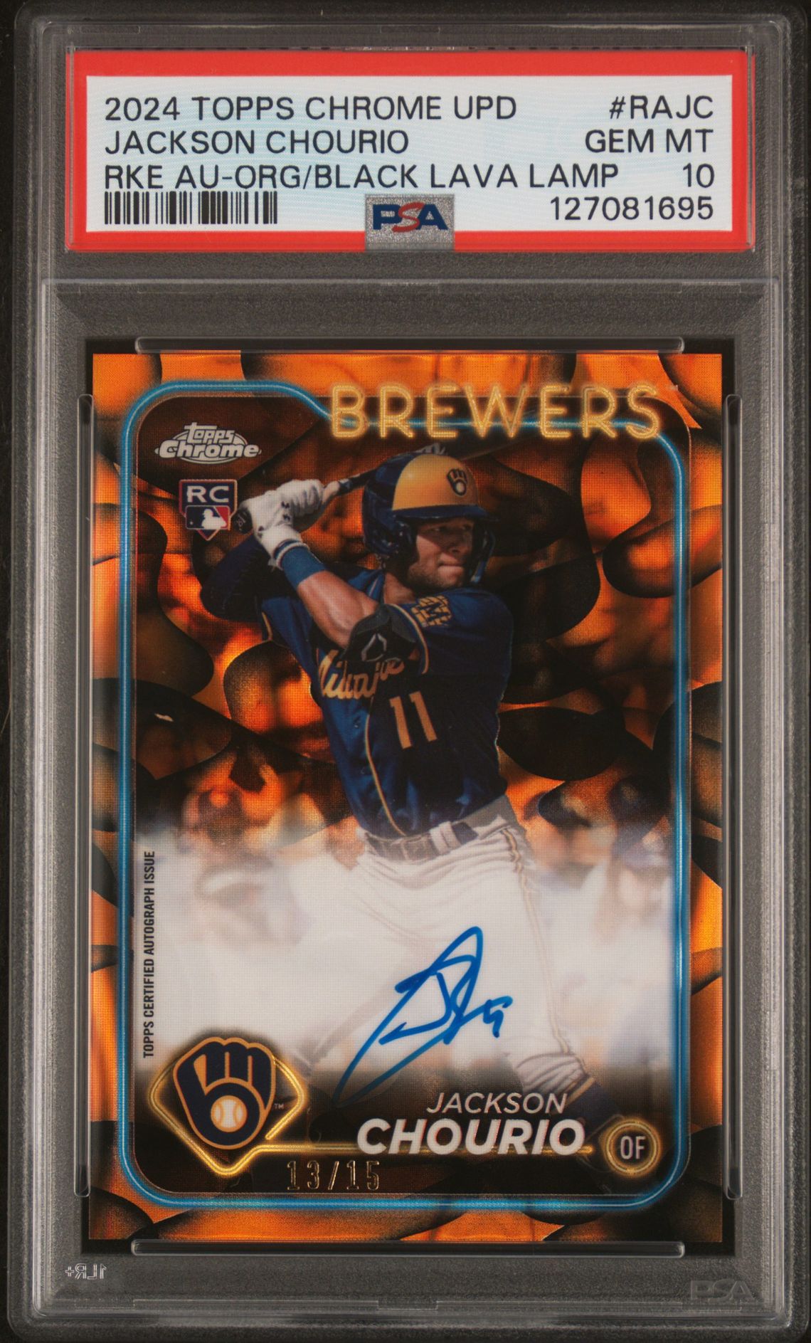 2024 Topps Chrome Update Chrome Rookie Autographs Jackson Chourio #Rajc (Rke Au-Org/Black Lava Lamp) Gem Mt 10 front