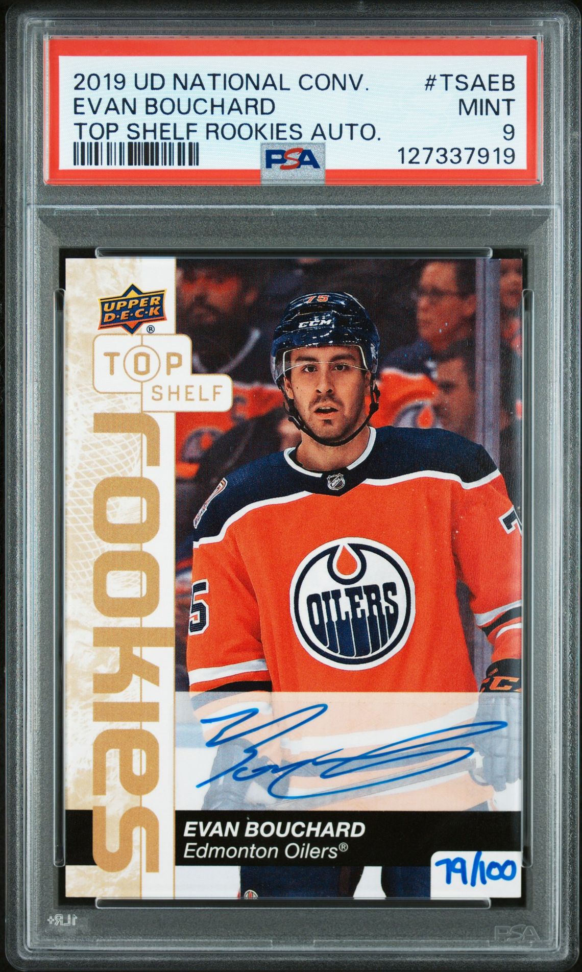 2019 Upper Deck UPPER DECK NATIONAL CONVENTION TOP SHELF ROOKIES AUTOGRAPHS TOP SHELF ROOKIES AUTO. #TSAEB Evan Bouchard front