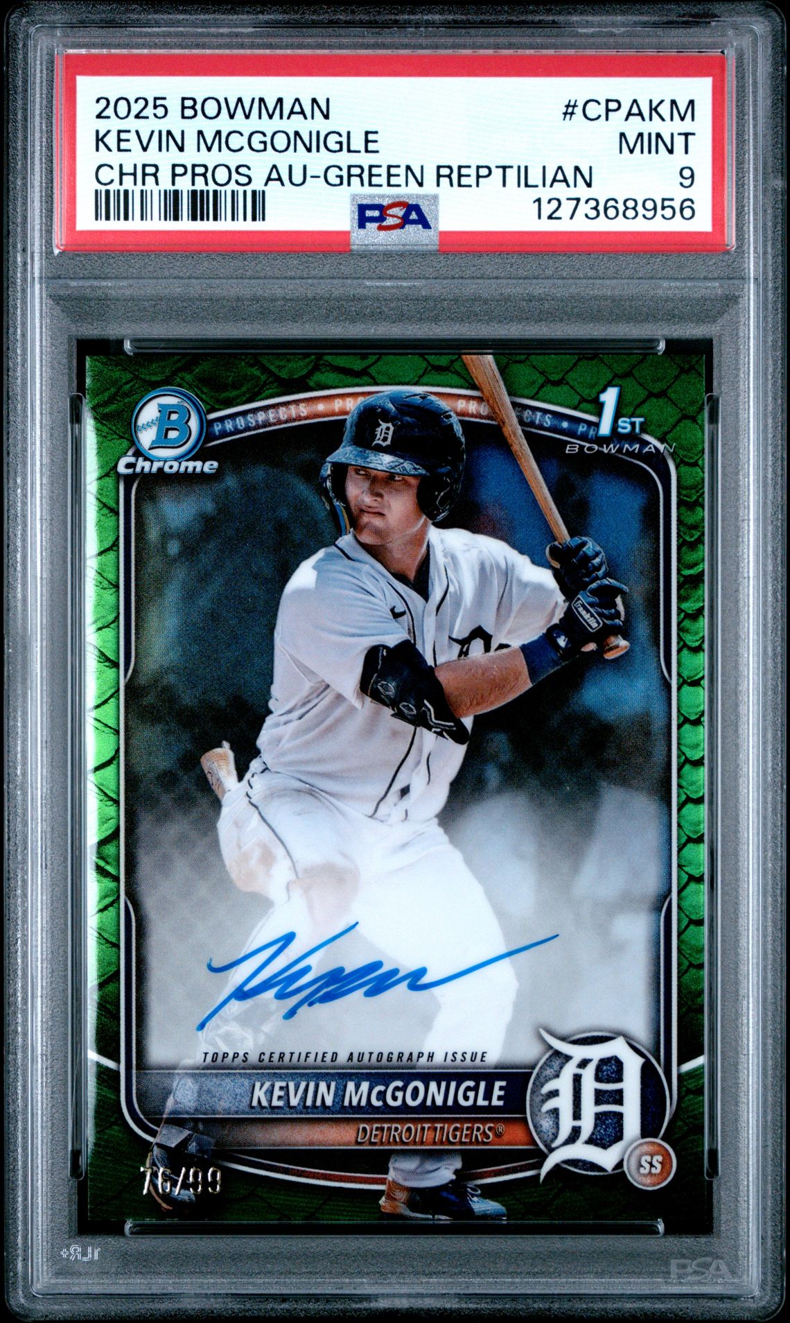 2025 Bowman Chrome BOWMAN CHROME PROSPECT AUTOGRAPHS CHR PROS AU-GREEN REPTILIAN #CPAKM Kevin Mcgonigle front