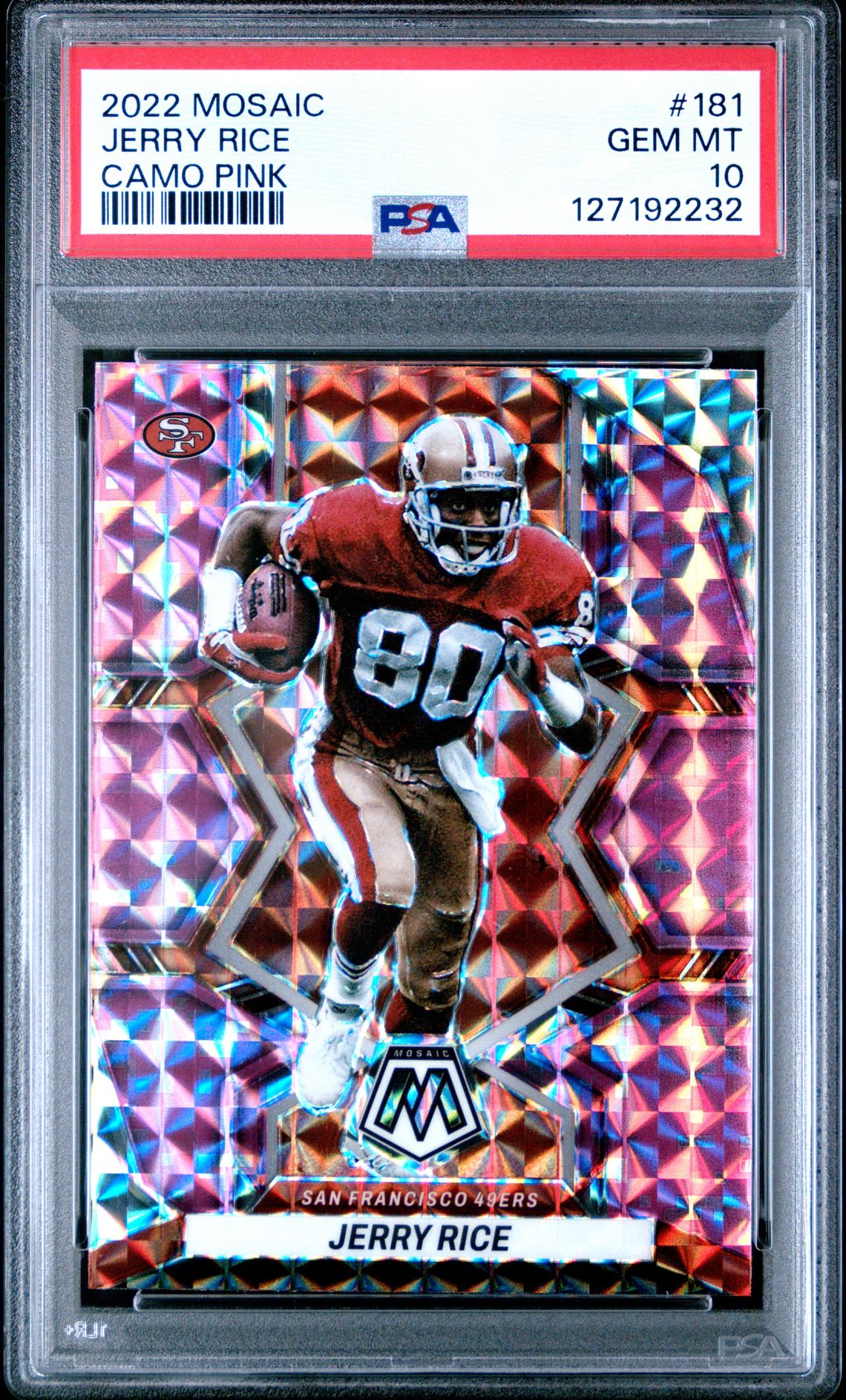 2022 Panini Mosaic Jerry Rice #181 (Camo Pink) Gem Mt 10 front