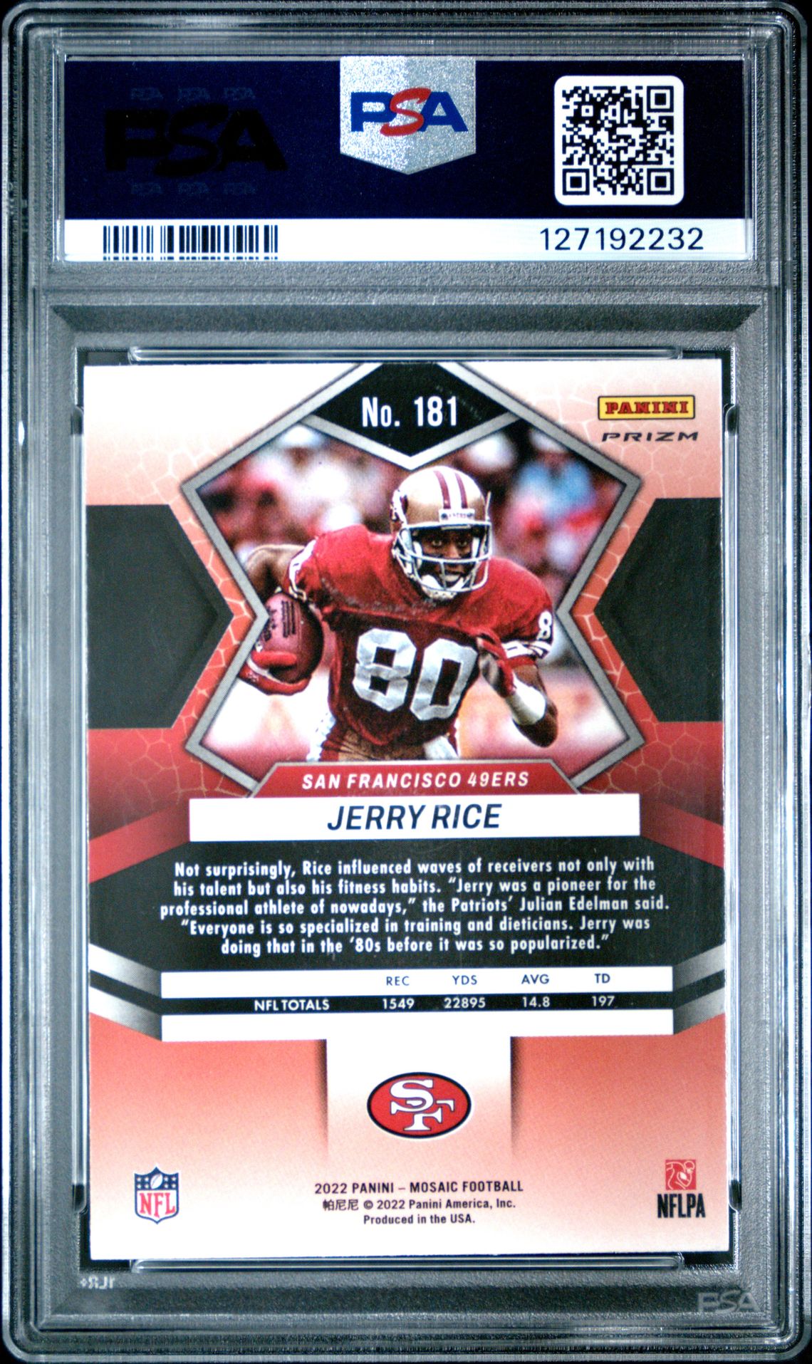 2022 Panini Mosaic Jerry Rice #181 (Camo Pink) Gem Mt 10 back