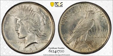 1921 $1 High Relief, Peace MS64