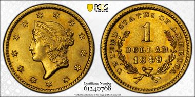 1849 G$1 D-4, Open Wreath, Close Stars MS62