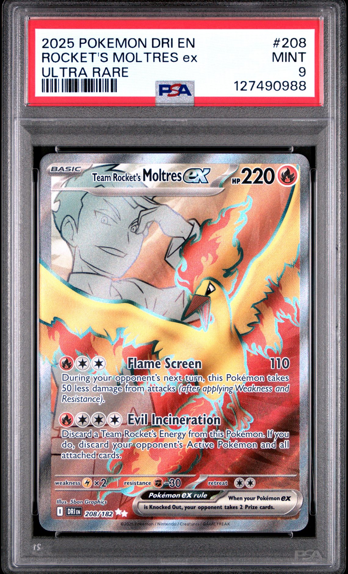 2025 Pokemon Dri En-Destined Rivals Rocket's Moltres Ex #208 (Ultra Rare) Mint 9 front