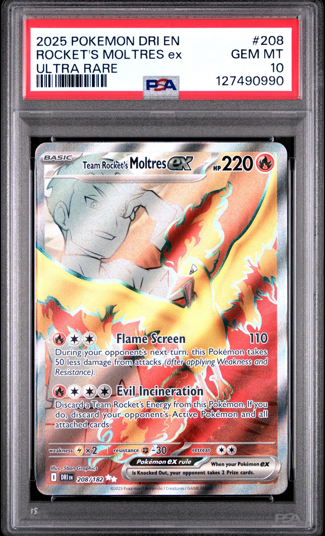 2025 Pokemon Dri En-Destined Rivals Rocket's Moltres Ex #208 (Ultra Rare) Gem Mt 10 front