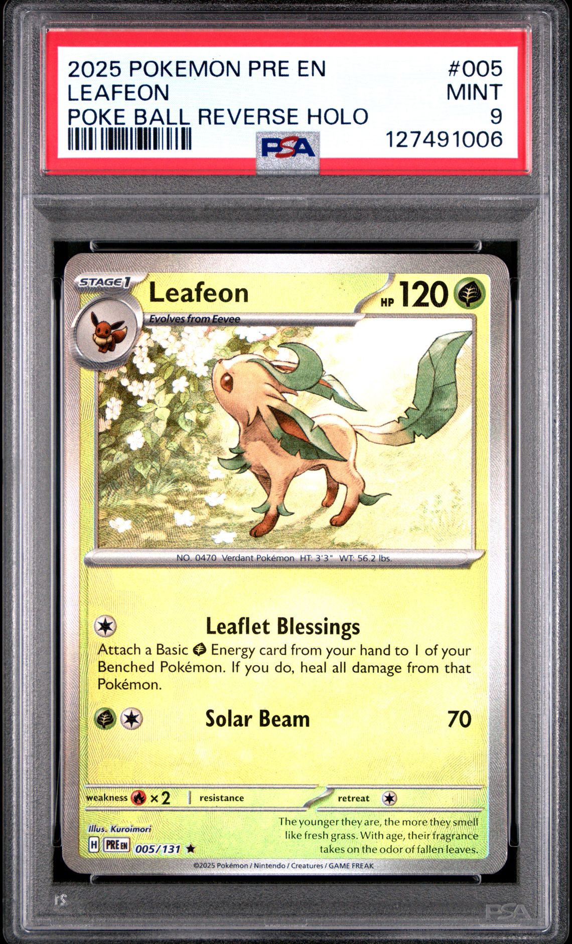 2025 Pokemon Pre En-Prismatic Evolutions Leafeon #005 (Poke Ball Reverse Holo) Mint 9 front