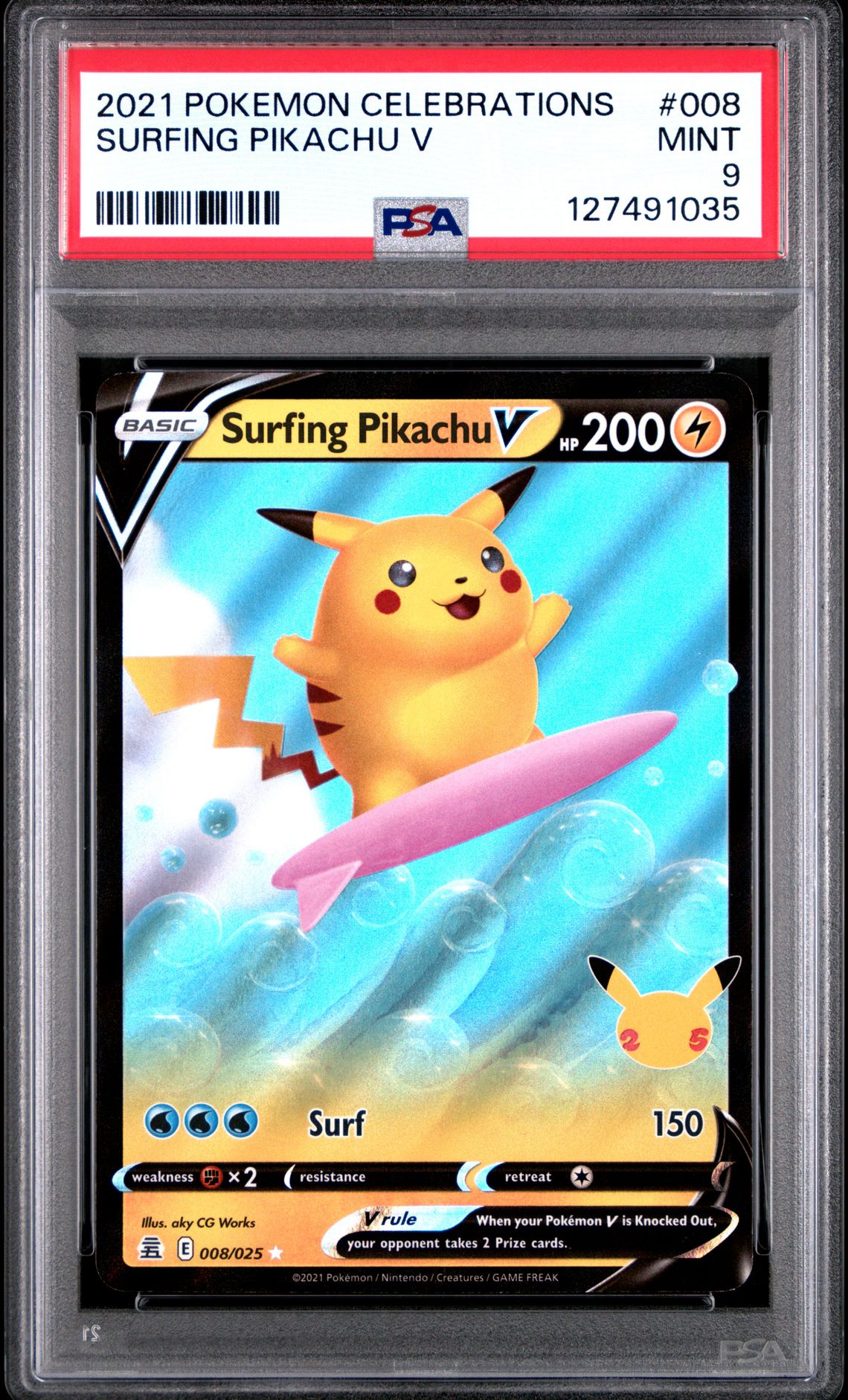 2021 Pokemon Celebrations Surfing Pikachu V #008 Mint 9 front