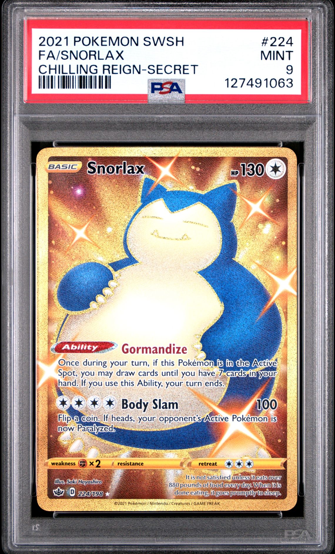 2021 Pokemon Sword & Shield Chilling Reign Fa/Snorlax #224 (Chilling Reign-Secret) Mint 9 front