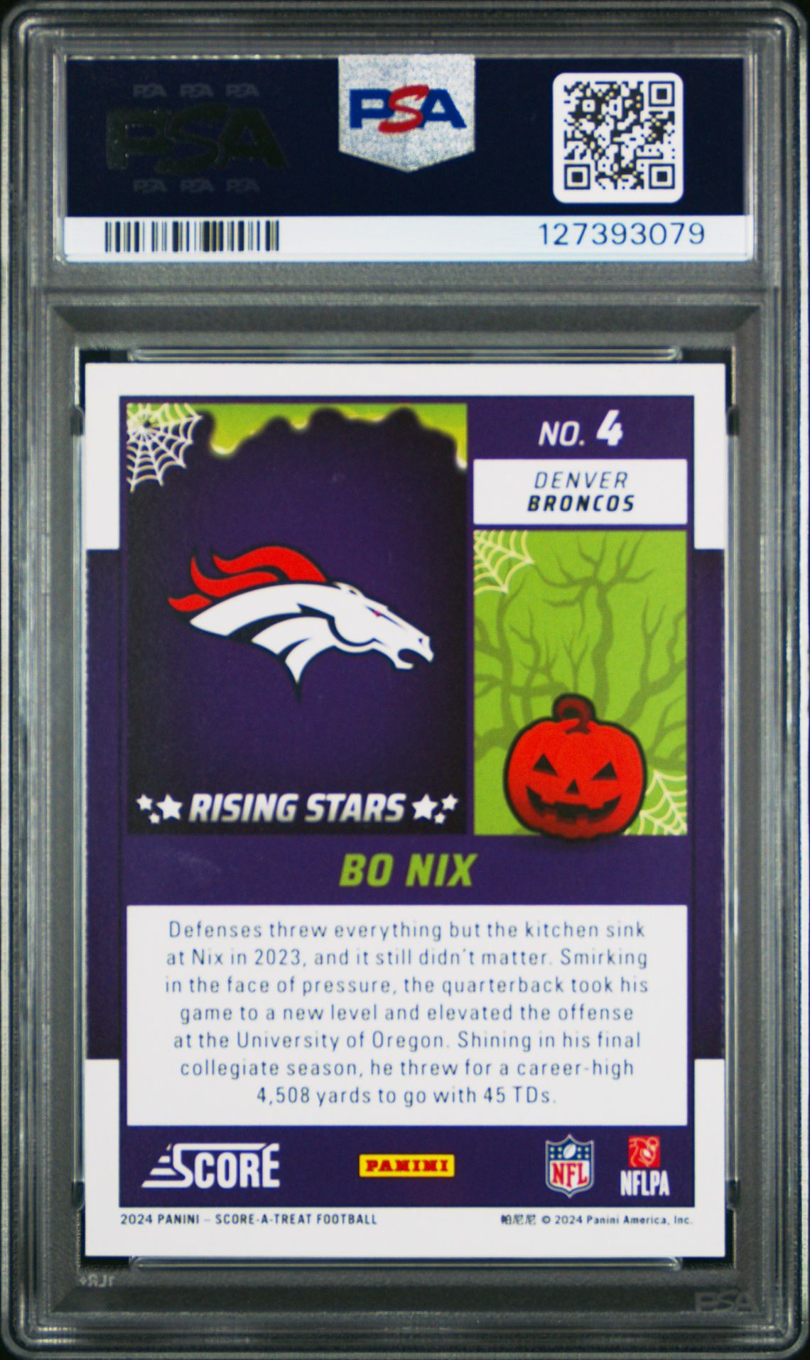 2024 Panini Score-A-Treat Rising Stars Bo Nix #4 (Rising Stars-Bats) Gem Mt 10 back