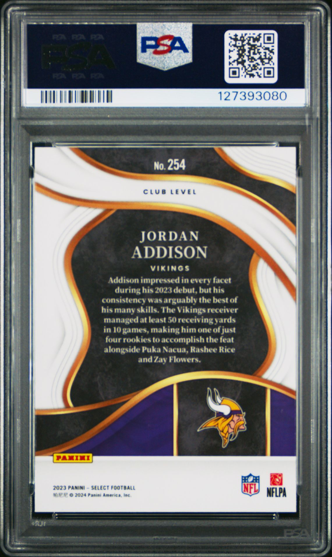 2023 Panini Select Jordan Addison #254 Gem Mt 10 back