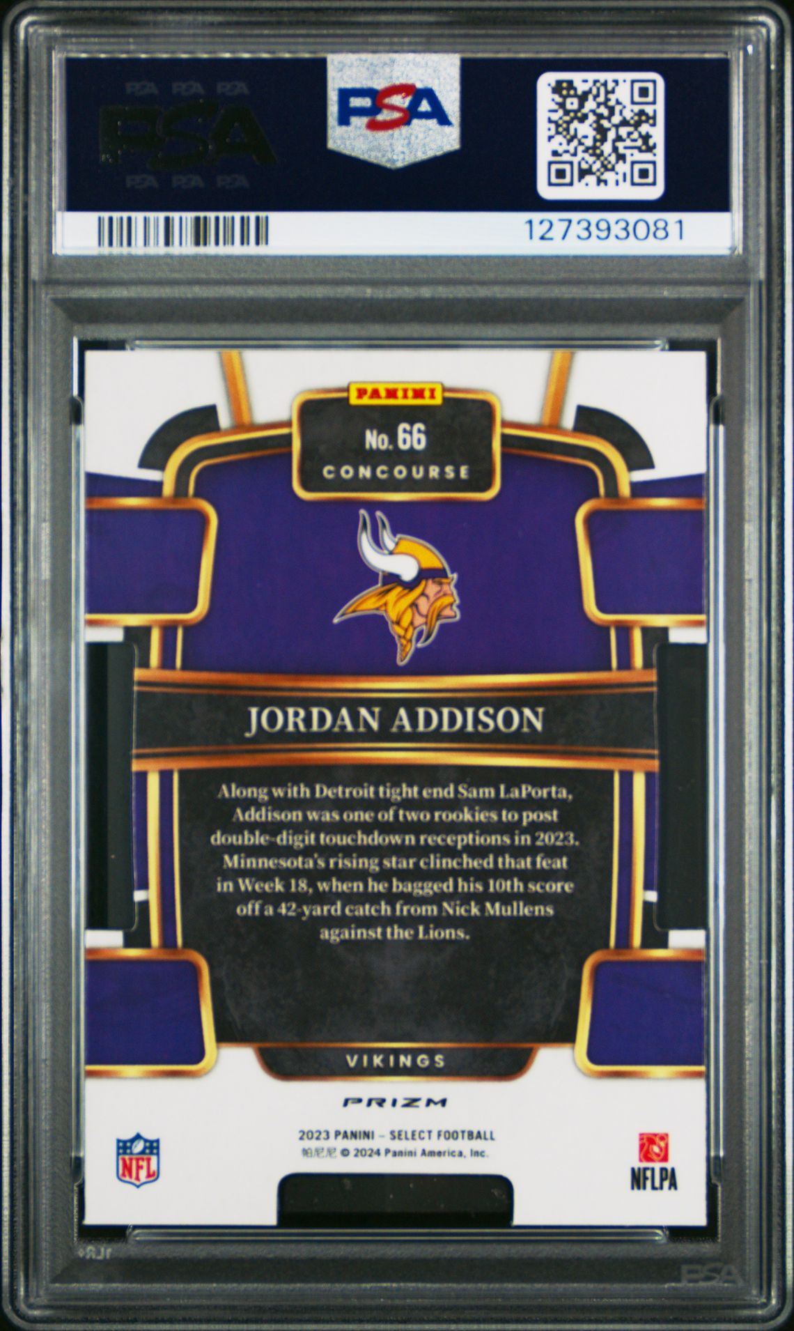 2023 Panini Select Jordan Addison #66 (Die-Cut Red & Blue Prizm) Mint 9 back