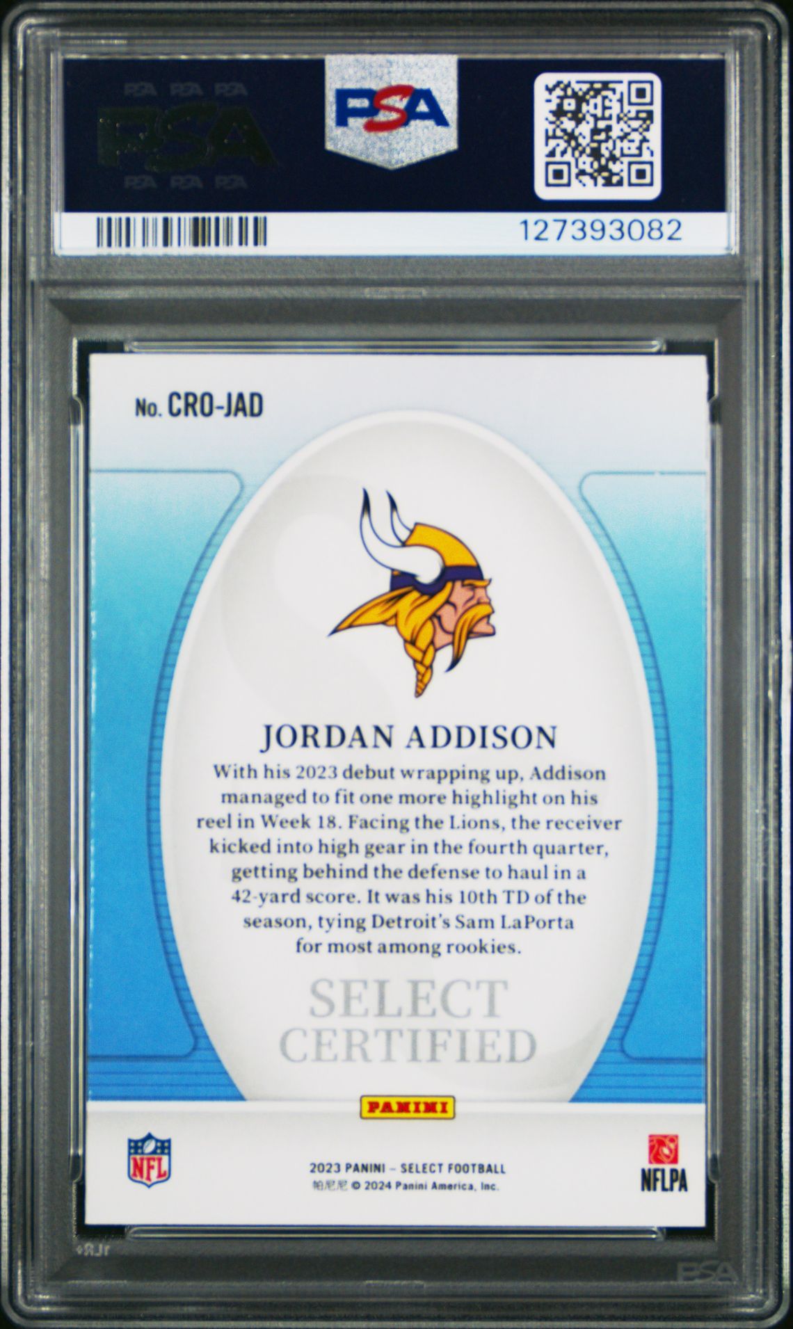 2023 Panini Select Select Certified Rookies Jordan Addison #Crojad Gem Mt 10 back