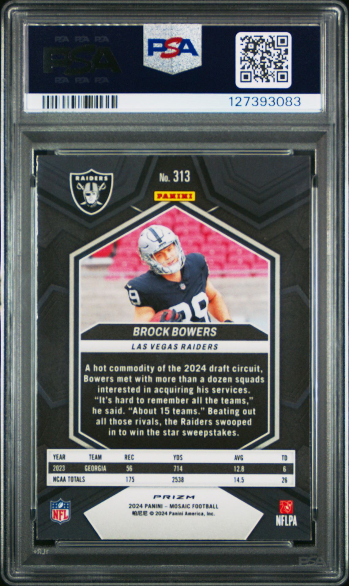 2024 Panini Mosaic Brock Bowers #313 (Camo Pink) Gem Mt 10 back