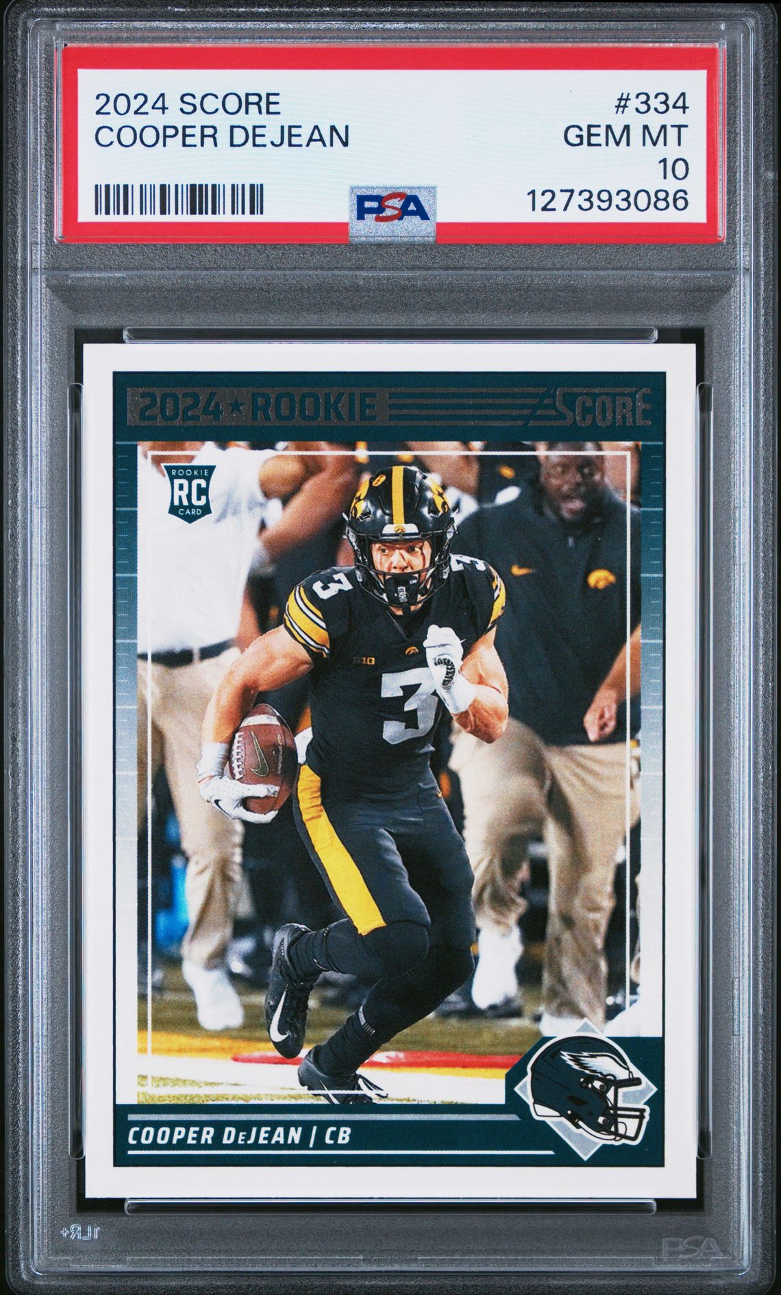 2024 Panini Score Cooper Dejean #334 Gem Mt 10 front view - PSA graded GEM MT 10